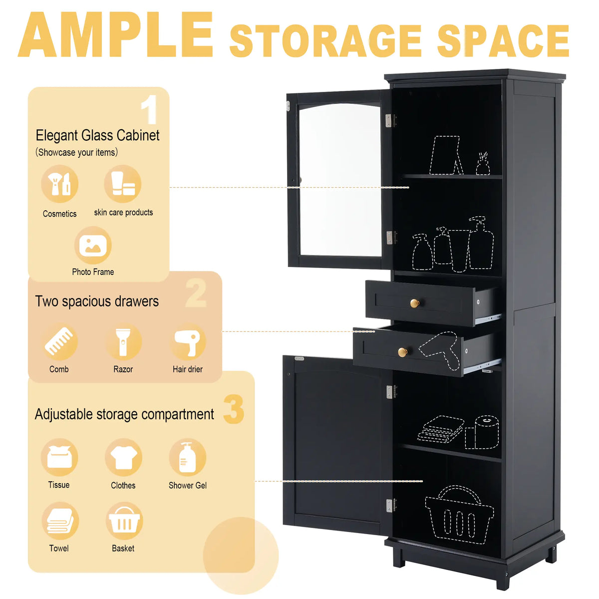 Bathroom Storage Cabinet, Glass Doors, Adjustable Shelves, 18" L x 14" W x 63" H, Black Bathroom Cabinets at Gallery Canada