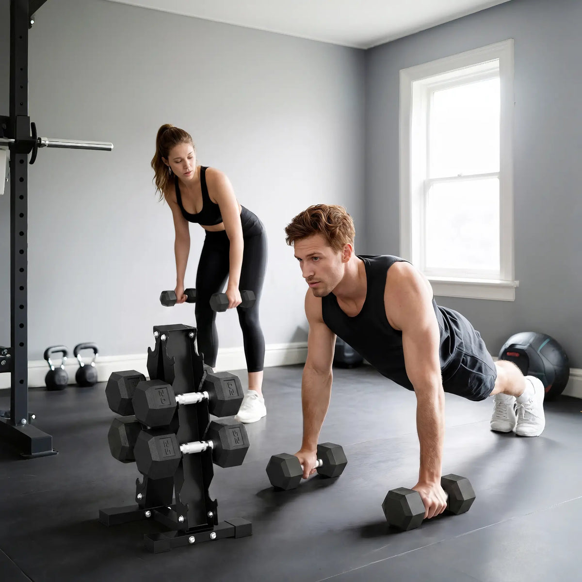 Hex Dumbbell Set With Rack, 180lbs Rubber-Coated, black Dumbbells & Barbells at Gallery Canada