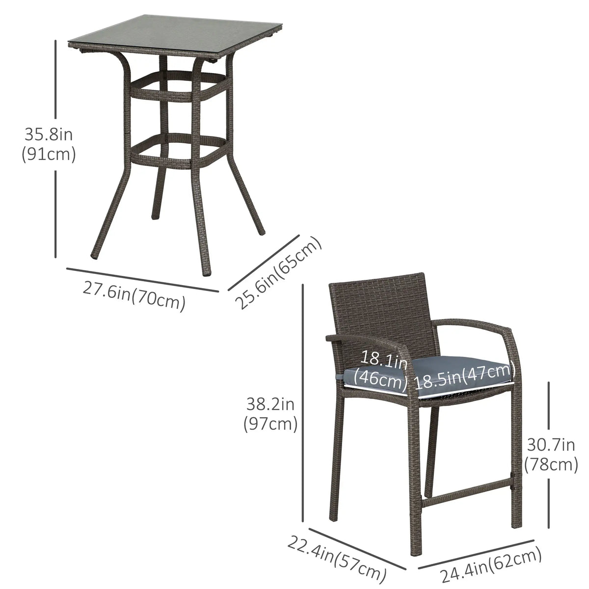 Wicker Patio Bar Set with Stools and Cushion, Grey Bistro Sets at Gallery Canada
