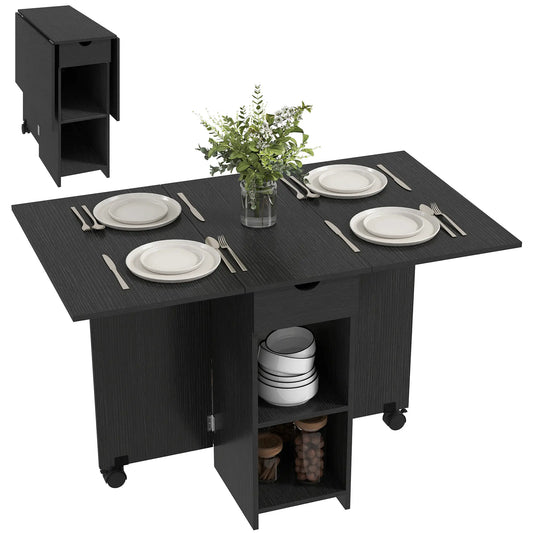 Folding Drop Leaf Kitchen Table with Drawer and Shelves, Black Dining Tables Black at Gallery Canada