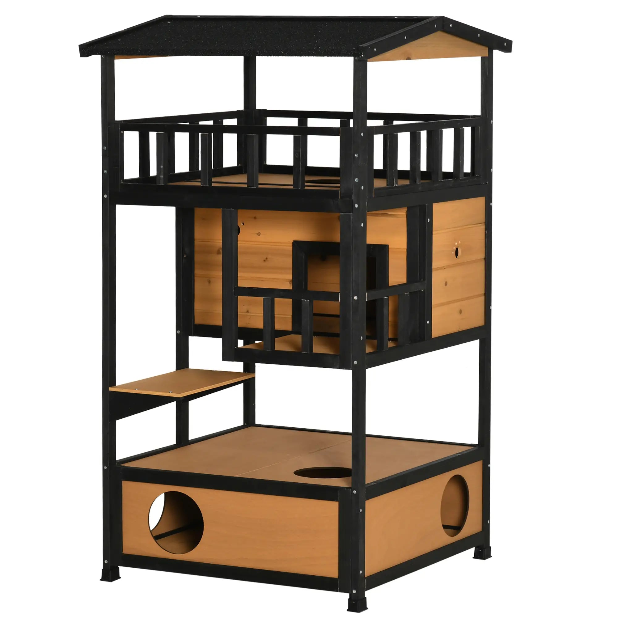 4-Floor Wood Outdoor Cat House, Condo, Fun Entrances, Perch, Natural Cat Houses Natural and Black at Gallery Canada