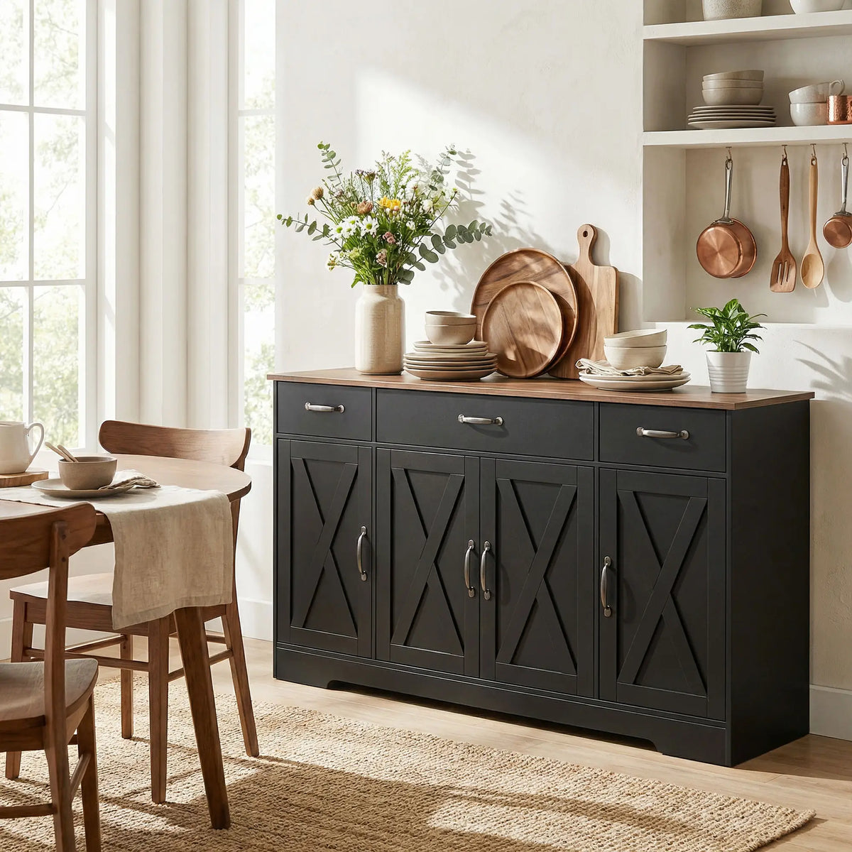 55" Sideboard Buffet Cabinet, Farmhouse Kitchen, 4 Barn Doors, 3 Drawers, Black Bar Cabinets at Gallery Canada
