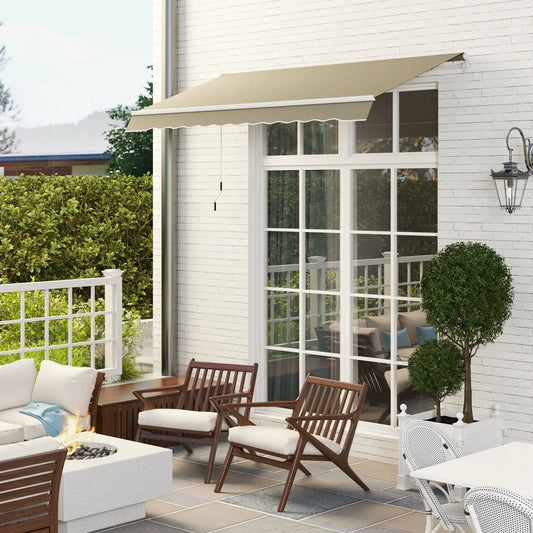 8'x7' Manual Retractable Patio Awning, Sun Shade Canopy, Khaki Deck Awnings White Frame, Khaki Fabric at Gallery Canada