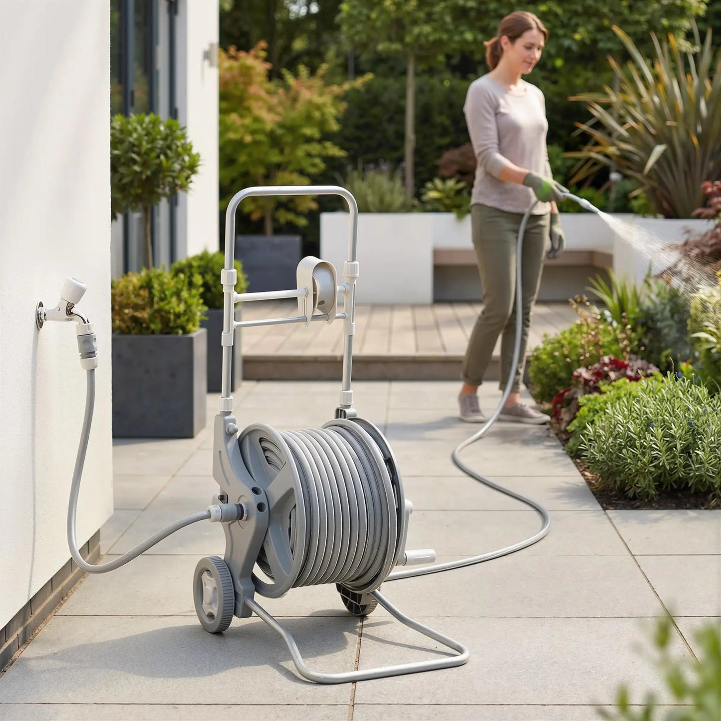 Garden Hose Reel Cart With Wheels, 1/2" x 148ft, Grey Garden Accessories at Gallery Canada