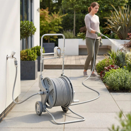 Garden Hose Reel Cart With Wheels, 1/2" x 148ft, Grey Garden Accessories Grey at Gallery Canada