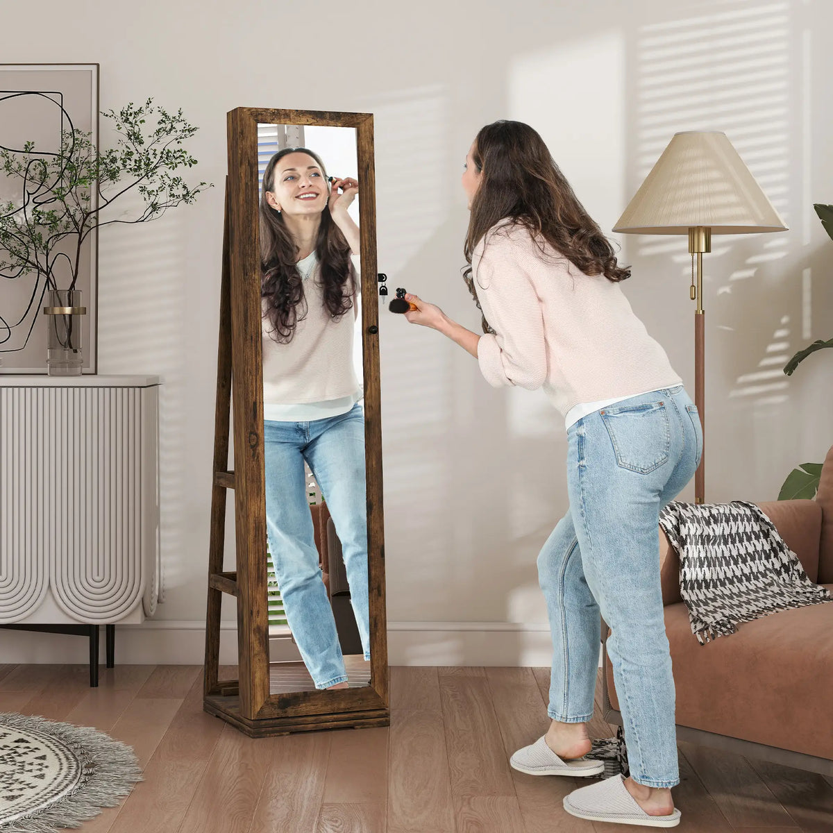 360° Swivel Jewelry Armoire, Lockable Mirror Cabinet, Rustic Brown Jewelry Armoire & Jewellery Mirror Cabinets at Gallery Canada