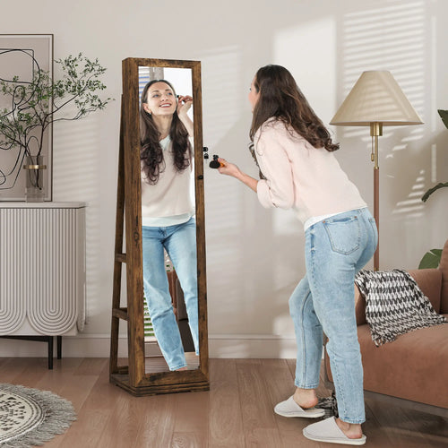 360° Swivel Jewelry Armoire, Lockable Mirror Cabinet, Rustic Brown