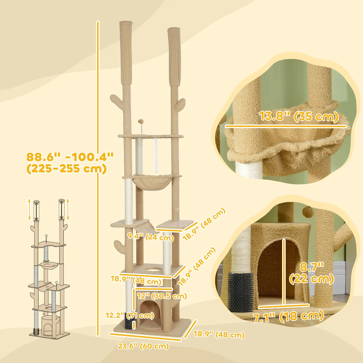 89"-100" Cat Tree Tower for Large Cats, Scratching Posts, Grooming Brush, Brown Floor to Ceiling Cat Trees at Gallery Canada