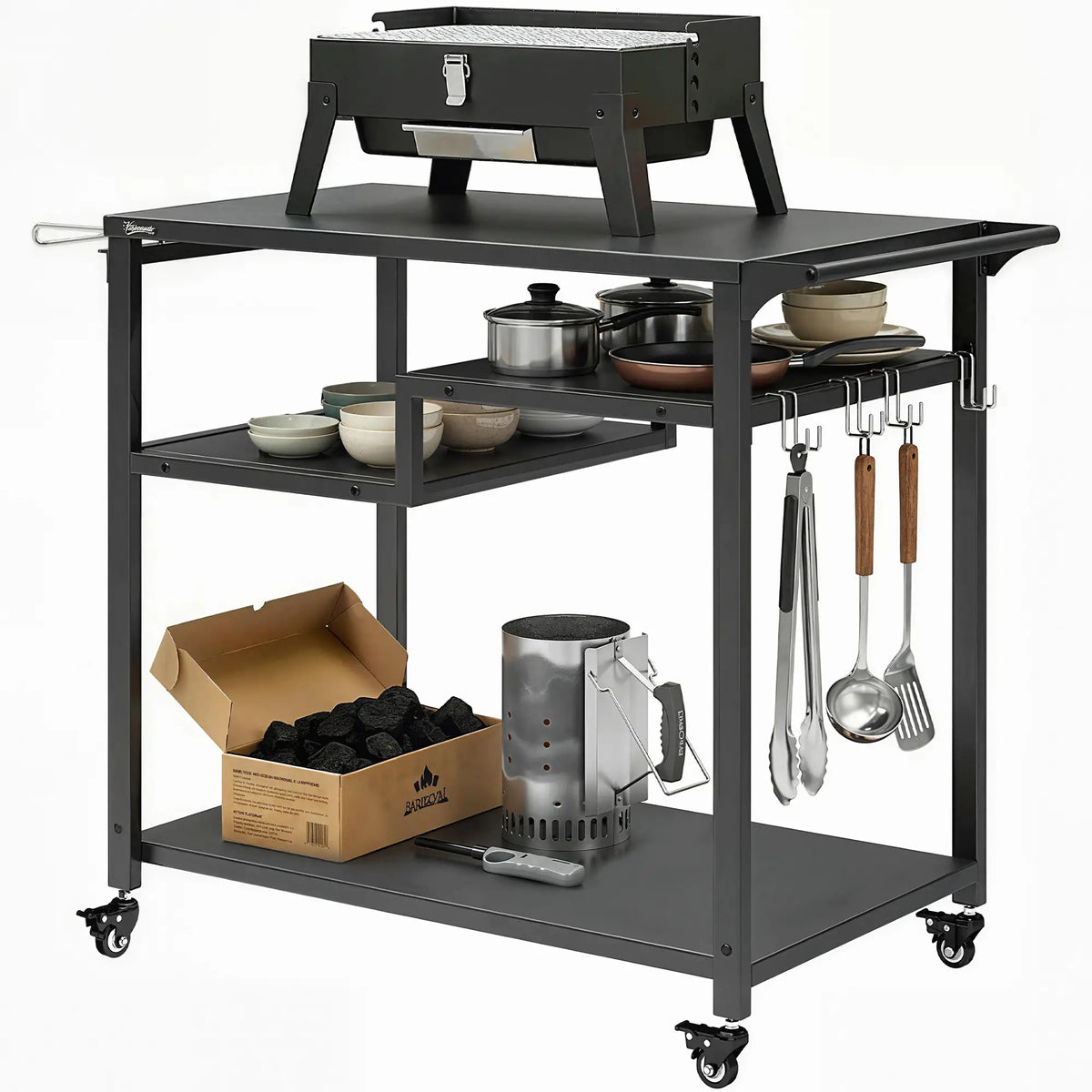 Outdoor Grill Cart, Three-Shelf Pizza Oven Stand With Hooks, Wheels, Black