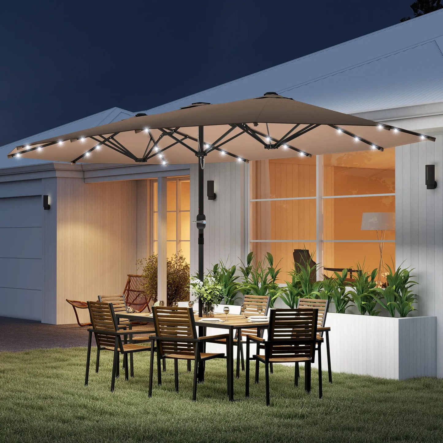174" Double-Sided Sun Umbrella, Patio Sun Shade, Solar LED Light, Khaki Double-sided Umbrellas at Gallery Canada