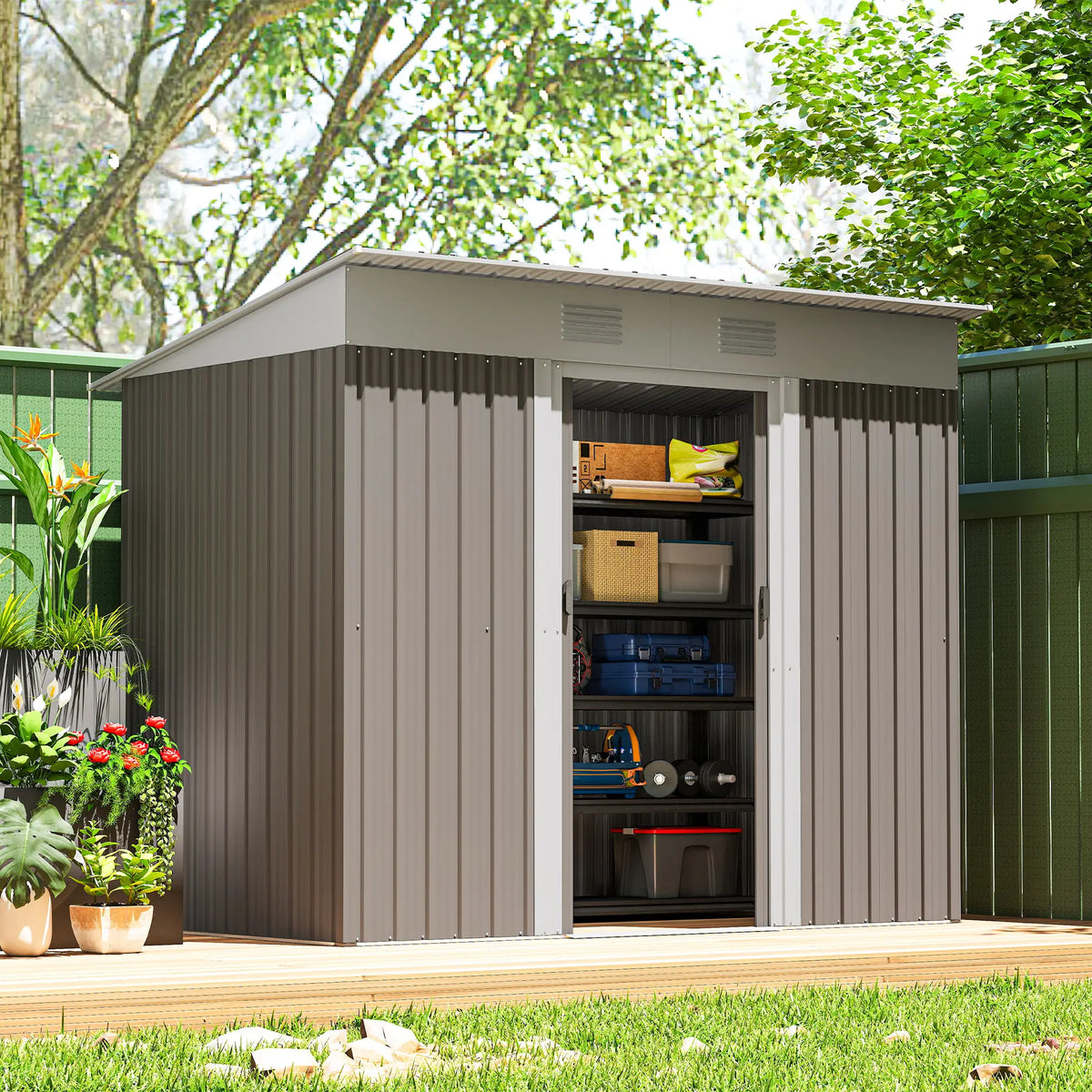 7' x 3.6' Outdoor Storage Shed, Metal Garden Tool Organizer, Light Grey Sheds at Gallery Canada