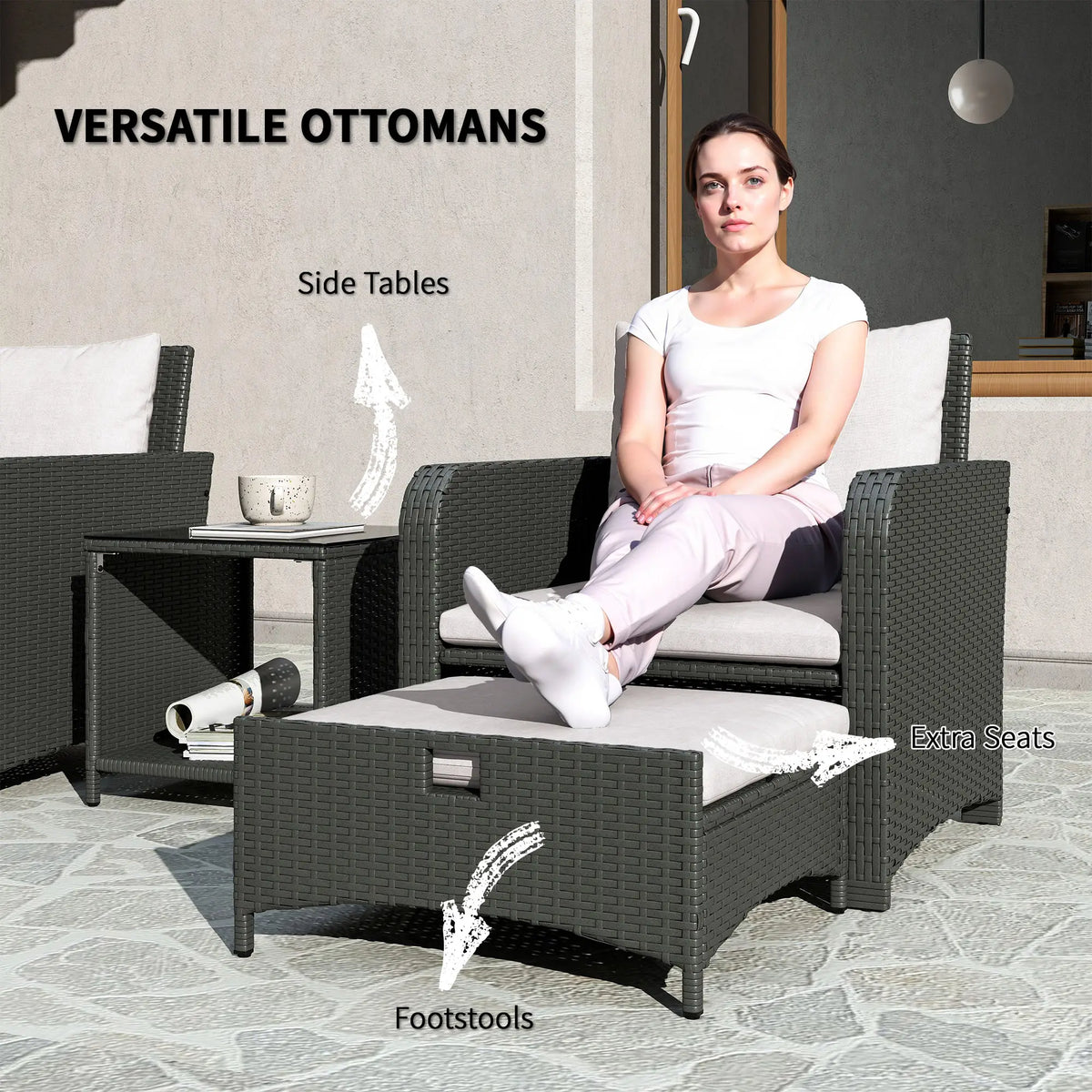 5 Piece Rattan Balcony Set, Wicker Outdoor Furniture, 2-Tier Coffee Table, Ottomans, Cream White, Grey Patio Furniture Sets at Gallery Canada