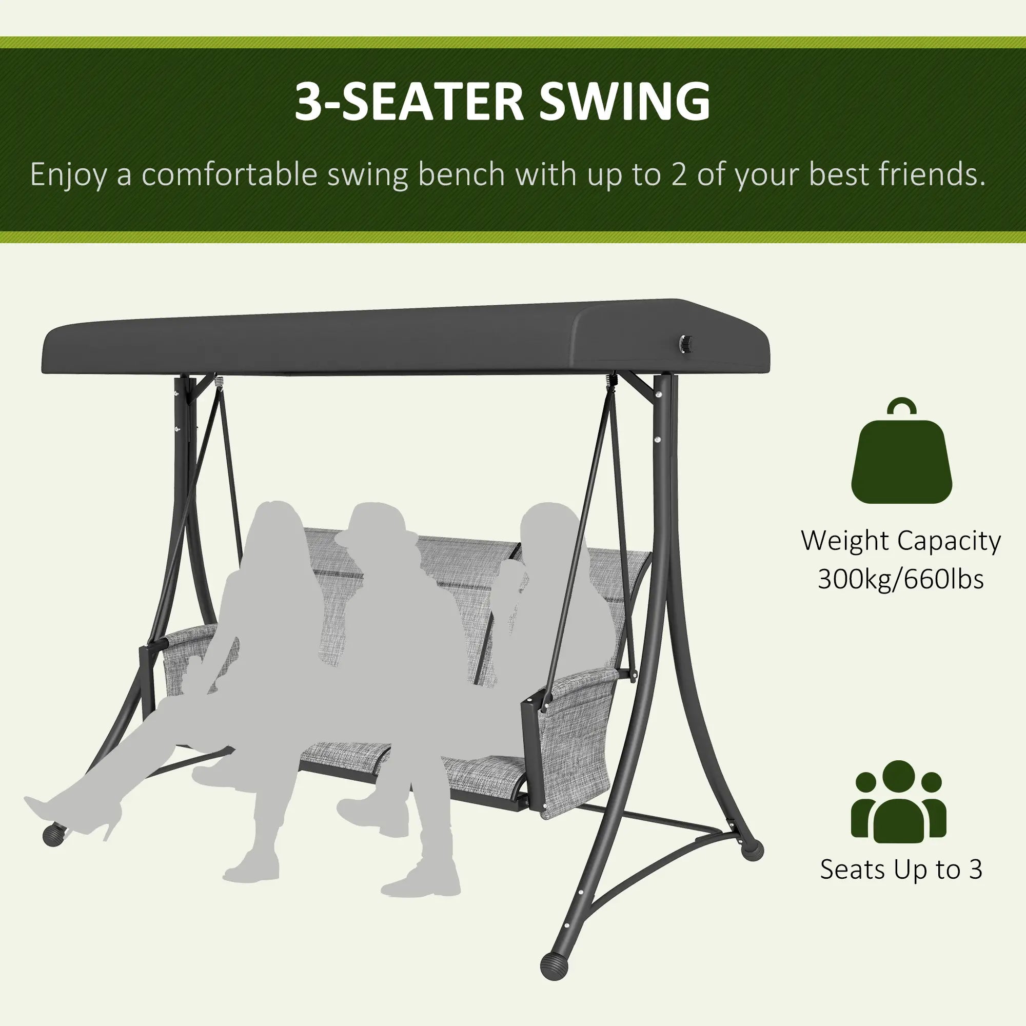 3 Person Porch Swing, Adjustable Canopy, Mixed Grey, Grey Porch Swings with Canopy at Gallery Canada