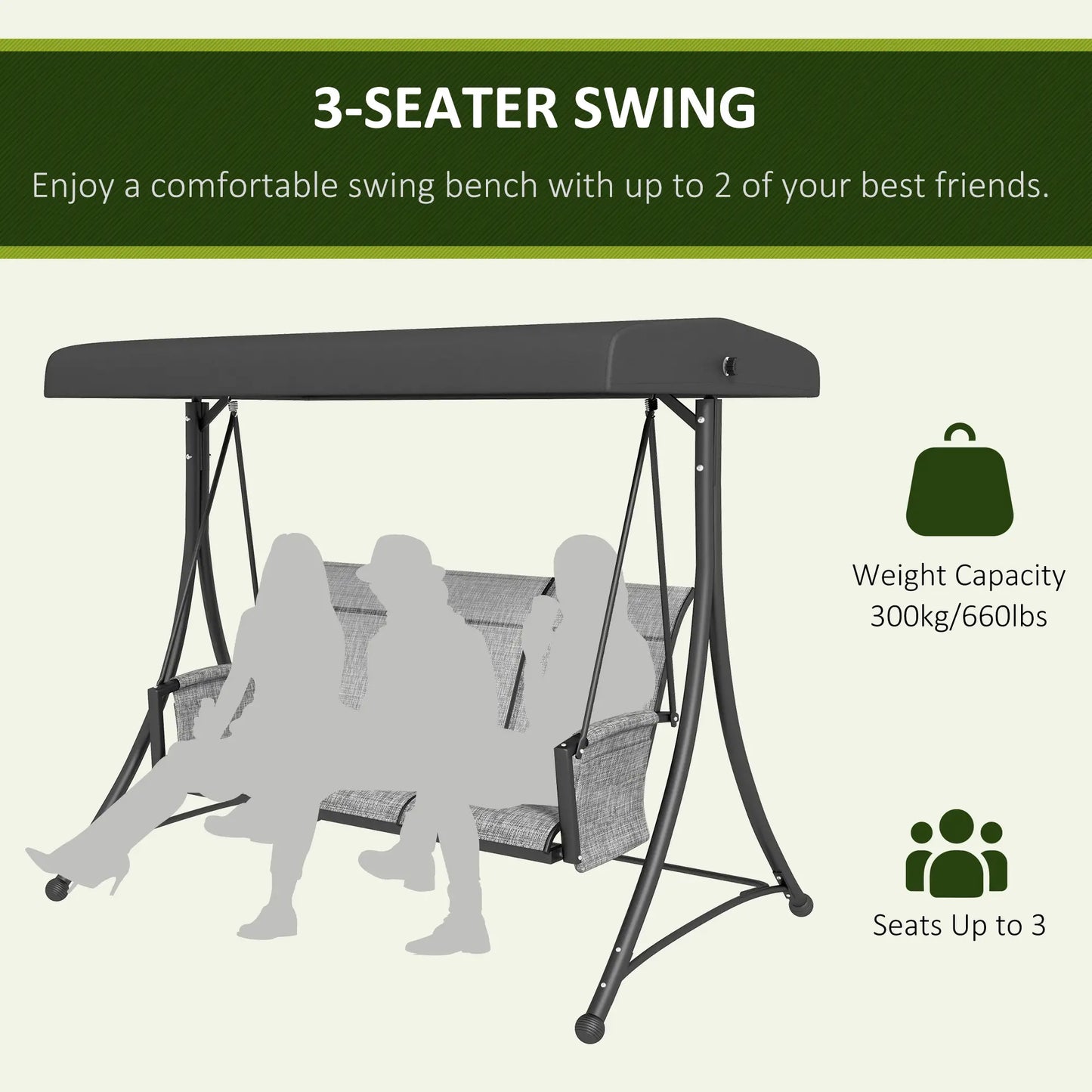 3 Person Porch Swing, Adjustable Canopy, Mixed Grey, Grey Porch Swings with Canopy at Gallery Canada
