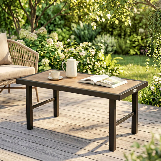 Table d'appoint extérieure, Plateau en SPC imitation bois, Table basse de patio en métal, Marron