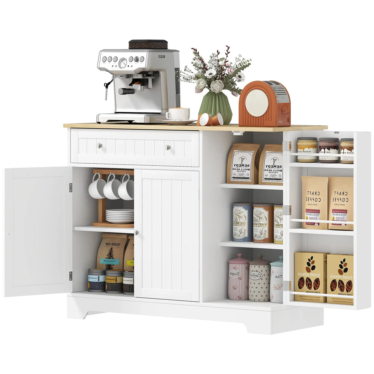 Modern Sideboard Cabinet, 41" Kitchen Buffet with Drawer, Adjustable Shelf, White Bar Cabinets White, Oak at Gallery Canada
