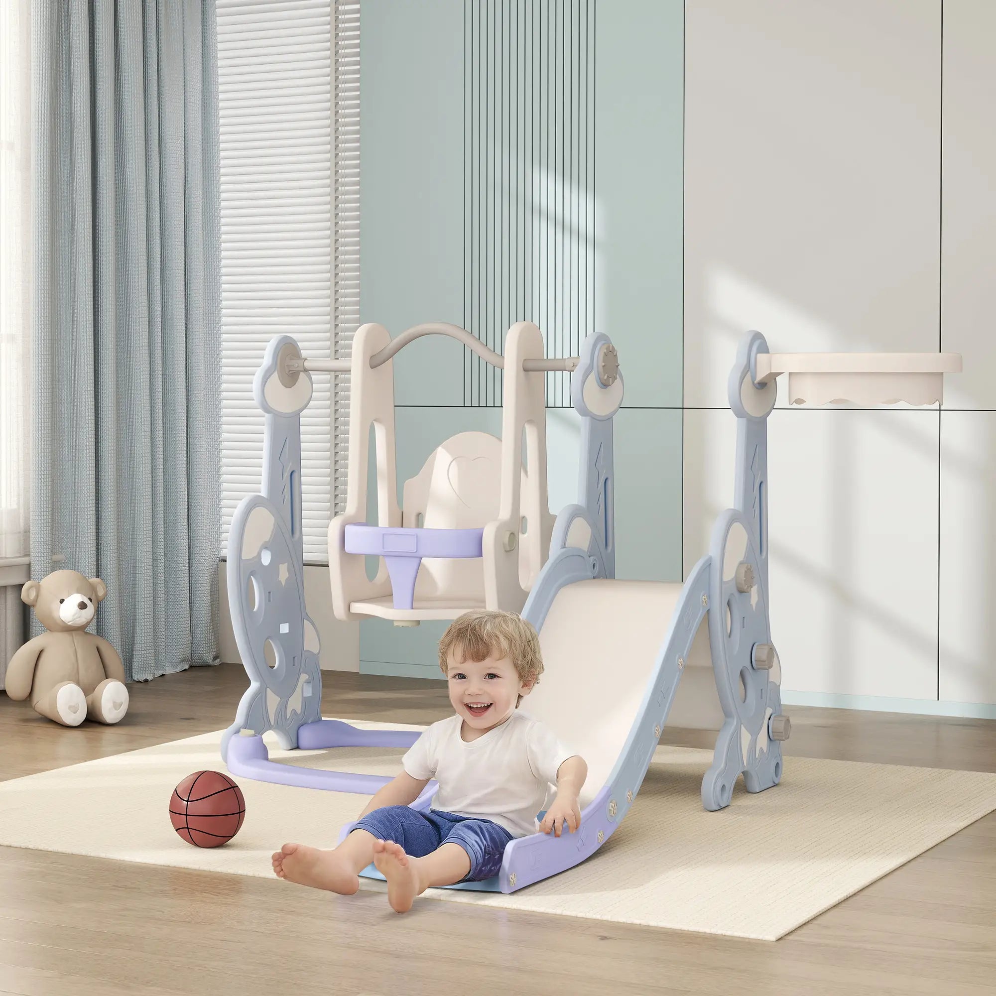 4-in-1 Slide Swing Set, Basketball Hoop, Climber, Ages 1.5-4, Rocket Themed, Light Blue Gym Sets & Swings at Gallery Canada