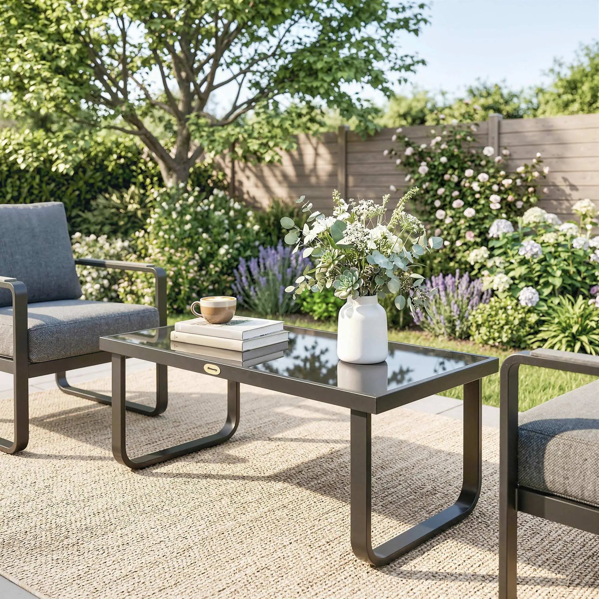 Outdoor Patio Coffee Table, Rectangle Metal Side Table, Tempered Glass Tabletop Patio Side Tables at Gallery Canada
