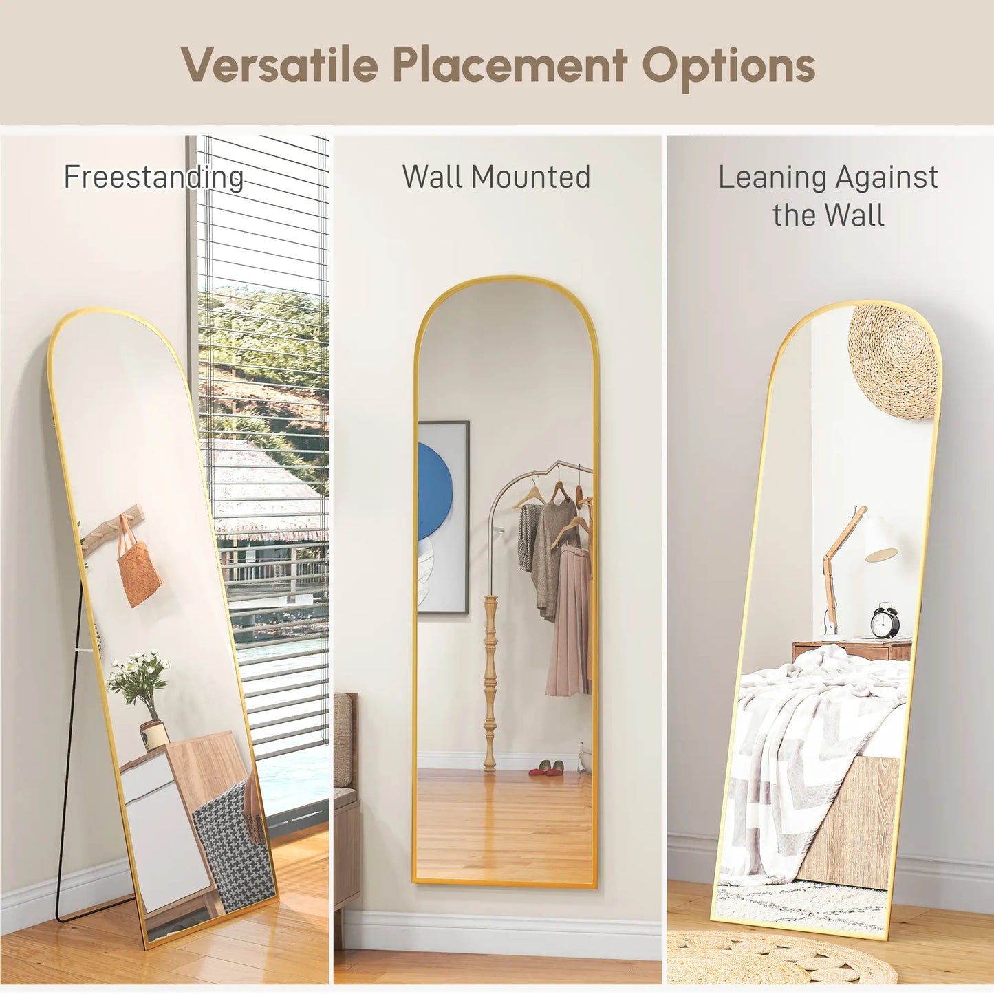 Arched Standing Mirror, 64" x 20", Full Length, Wall Mountable, Gold Full Length Mirrors at Gallery Canada