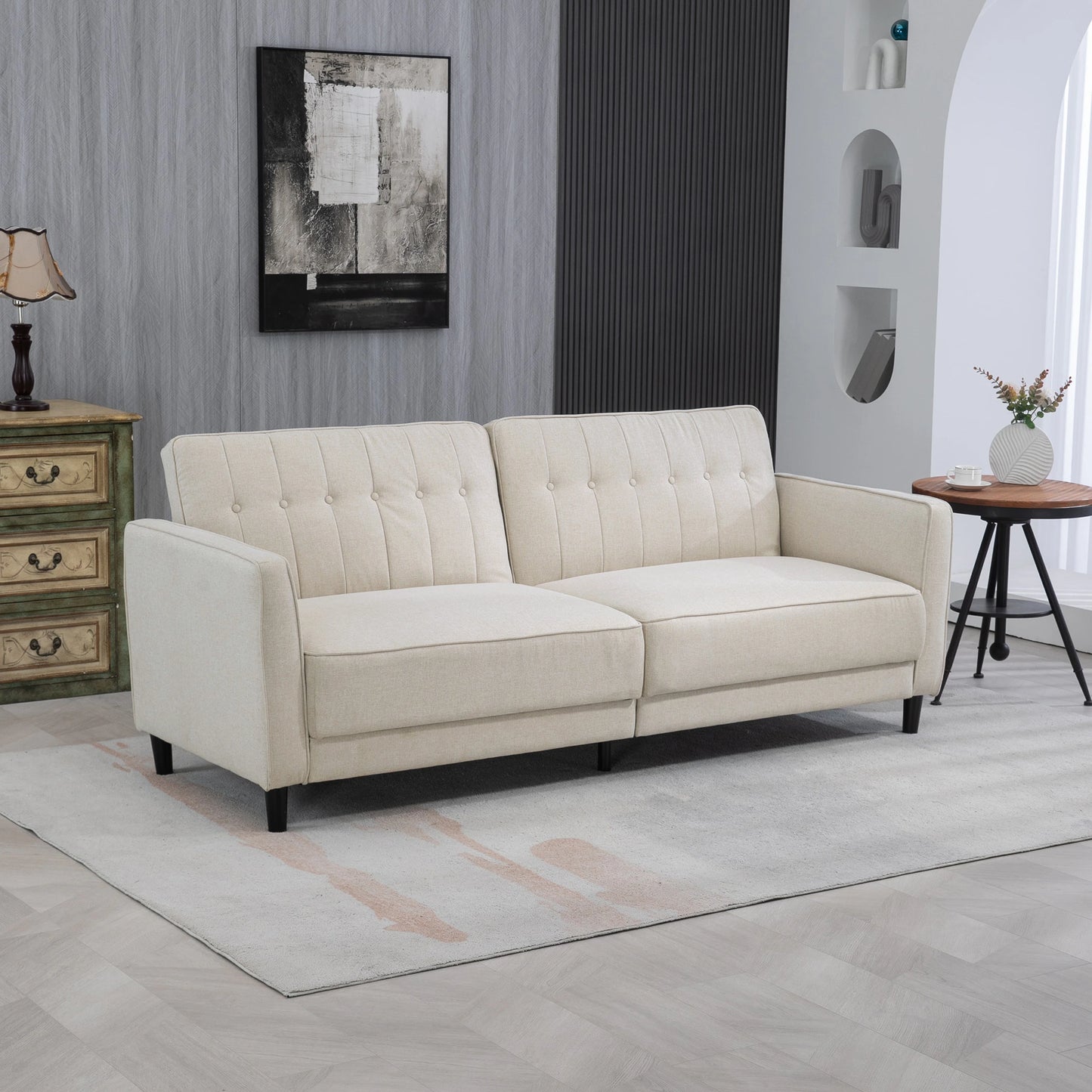 Convertible Bed, Button Tufted Fabric Sofa Bed, Adjustable Back, Beige 2-Seater Sofas at Gallery Canada