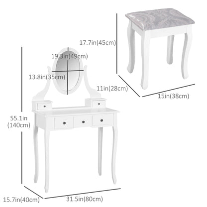 Wooden Vanity Table Set, Makeup Dressing Table with 360° Rotating, 5 Drawers and Padded Stool, White Dressing & Vanity Tables at Gallery Canada