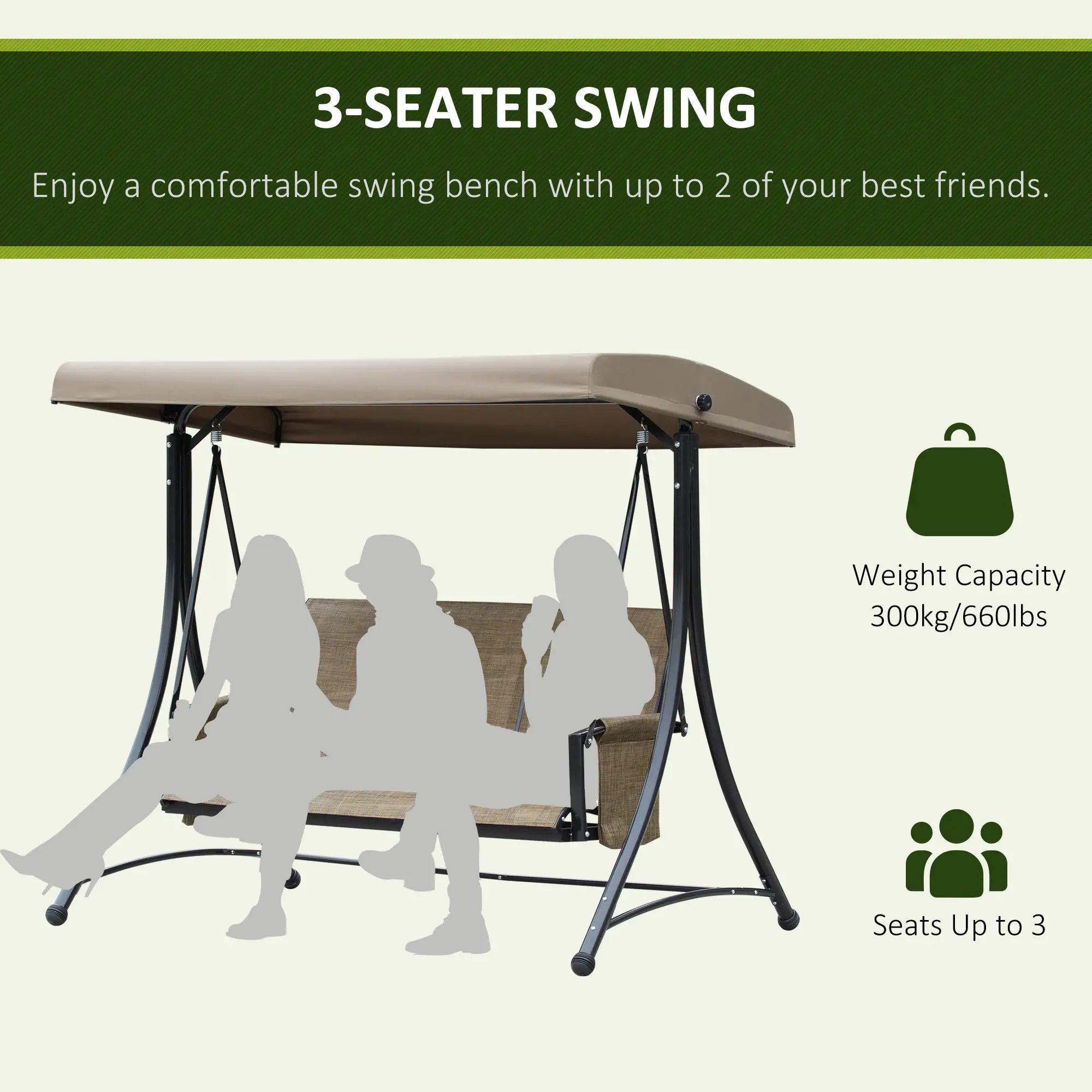 3-Person Porch Swing Chair With Adjustable Canopy, Brown Patio Swings with Stand at Gallery Canada