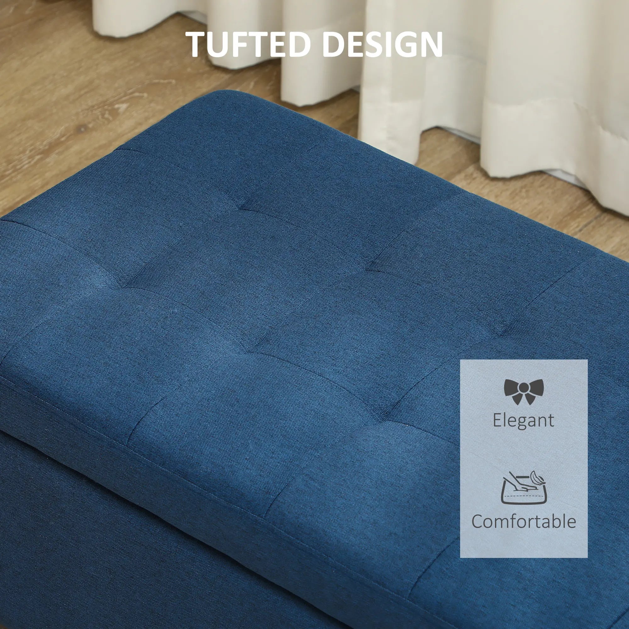 Rectangular Entry Bench, Tufted Upholstered Linen, Wood Feet, Blue Storage Ottomans & Benches at Gallery Canada