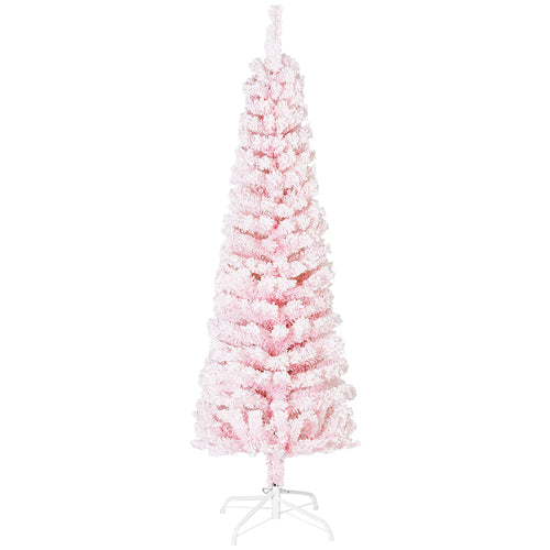 5ft Flocked Pencil Christmas Tree, Realistic Branch Tips, Pink