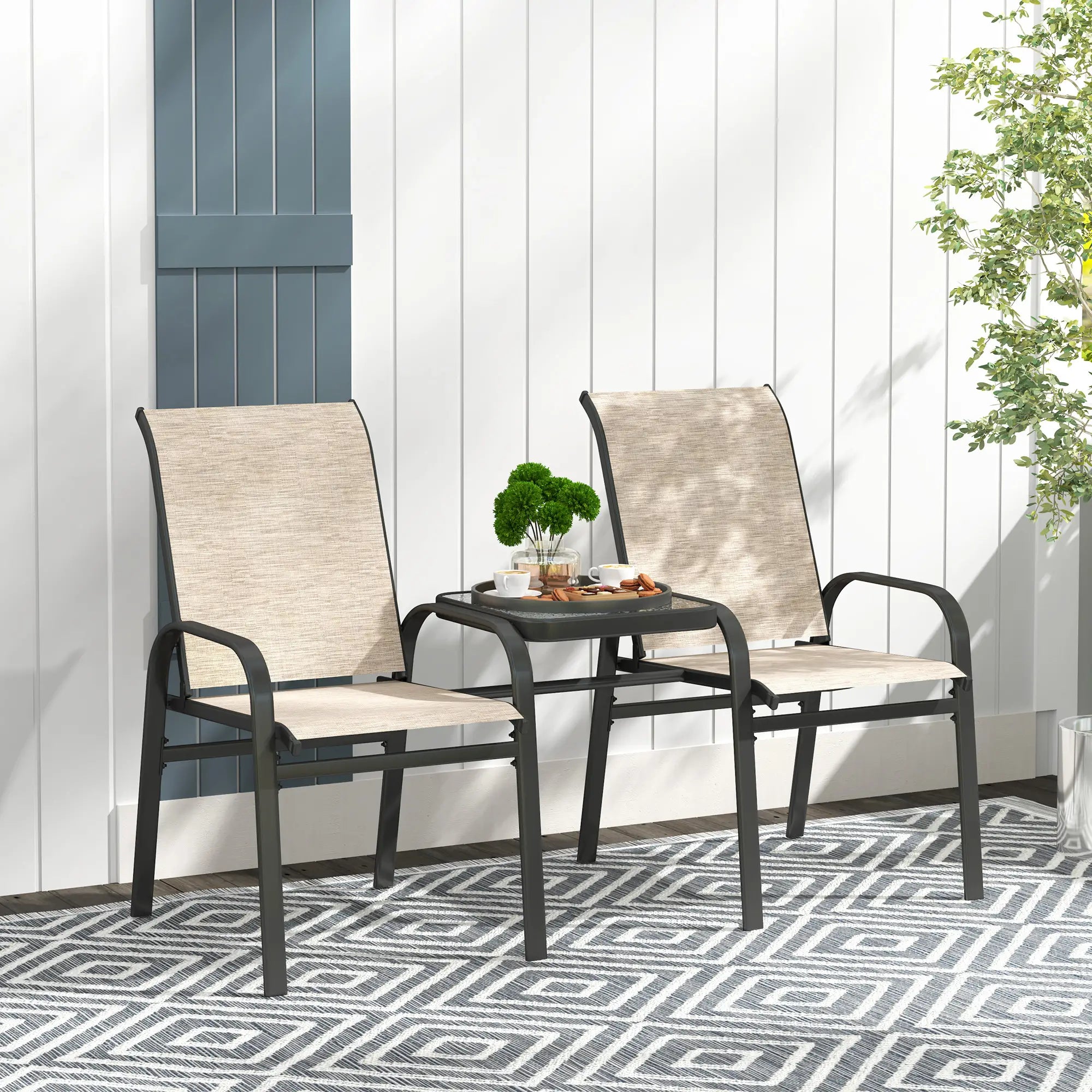 Outdoor Loveseat with Glass Table, Garden Bench, Breathable Mesh, Brown Outdoor Benches at Gallery Canada