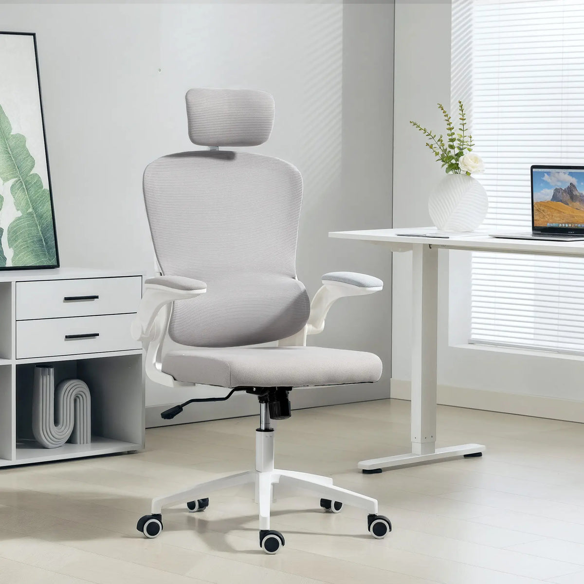 Ergonomic Mesh Office Chair, High Back, Rotatable Headrest, Flip-Up Armrests, Lumbar Support, Grey Task Chairs at Gallery Canada