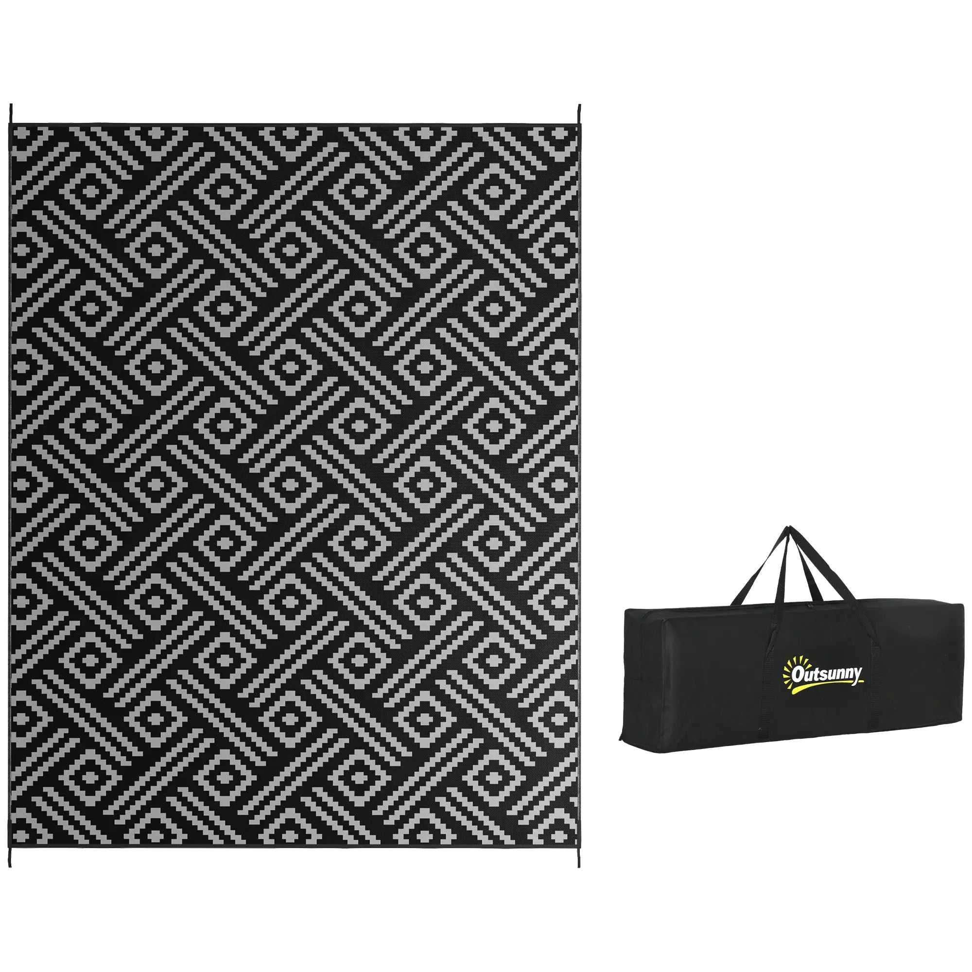 Reversible Outdoor Rug, Waterproof, 9' x 12', Geometric, Black Grey Outdoor Reversible Rugs at Gallery Canada