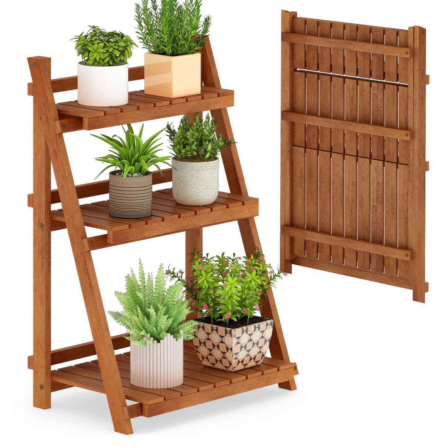 Foldable 3-Tier Solid Wood Plant Stand, Natural Plant Stands Natural at Gallery Canada