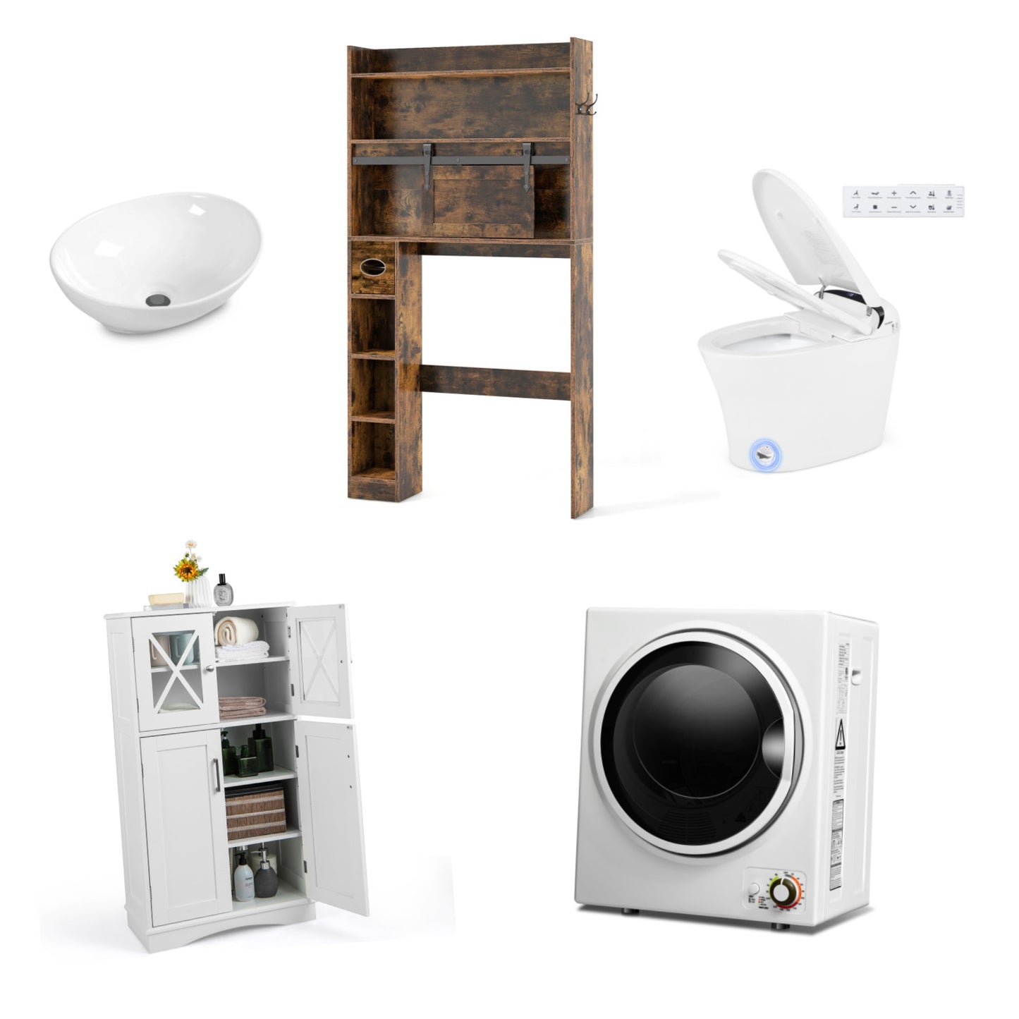 5-Piece Modern Bathroom Suite: Over The Toilet Cabinet + Smart Toilet Bidet + Oval Sink + Floor Cabinet + Clothes Dryer, White Floor Cabinets at Gallery Canada