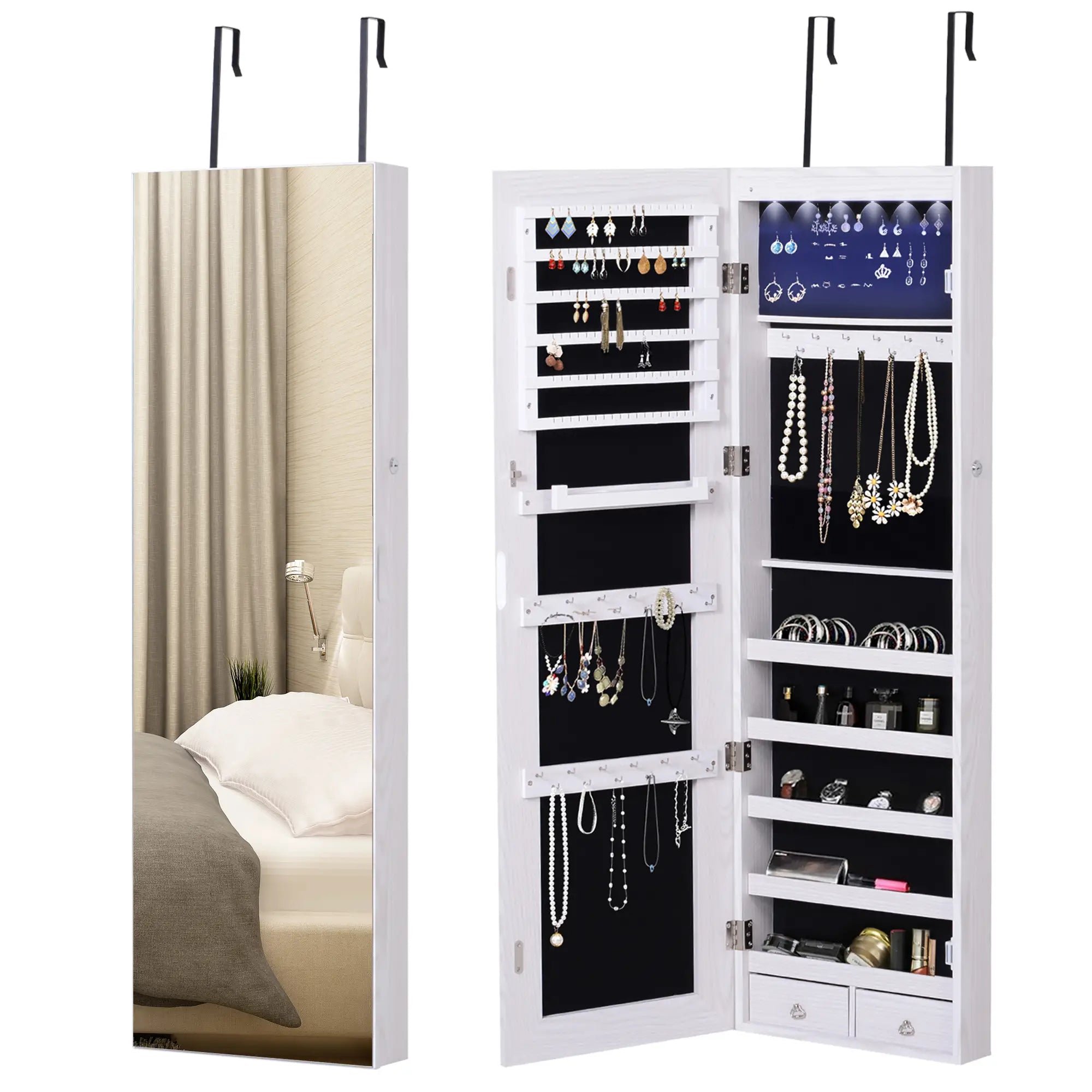 Mirror Jewelry Cabinet with LED Lights, 2 Keys, Wood Grain Grey, Grey Jewelry Armoire & Jewellery Mirror Cabinets Grey Wood Grain at Gallery Canada