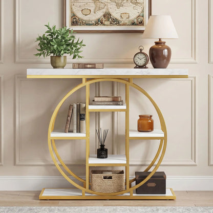 39.4" Console Table With Storage Shelves, White Marble Effect, White Console Tables at Gallery Canada