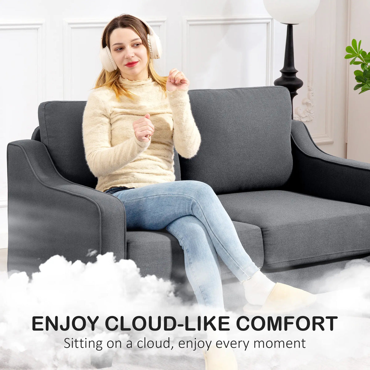 Modern Loveseat Sofa, Pocket Spring, Linen Upholstered, Charcoal Grey 2-Seater Sofas at Gallery Canada