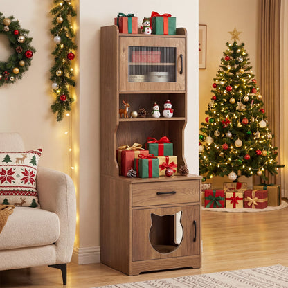 60" Cat Litter Box Enclosure with LED Light, Natural Cat Houses at Gallery Canada