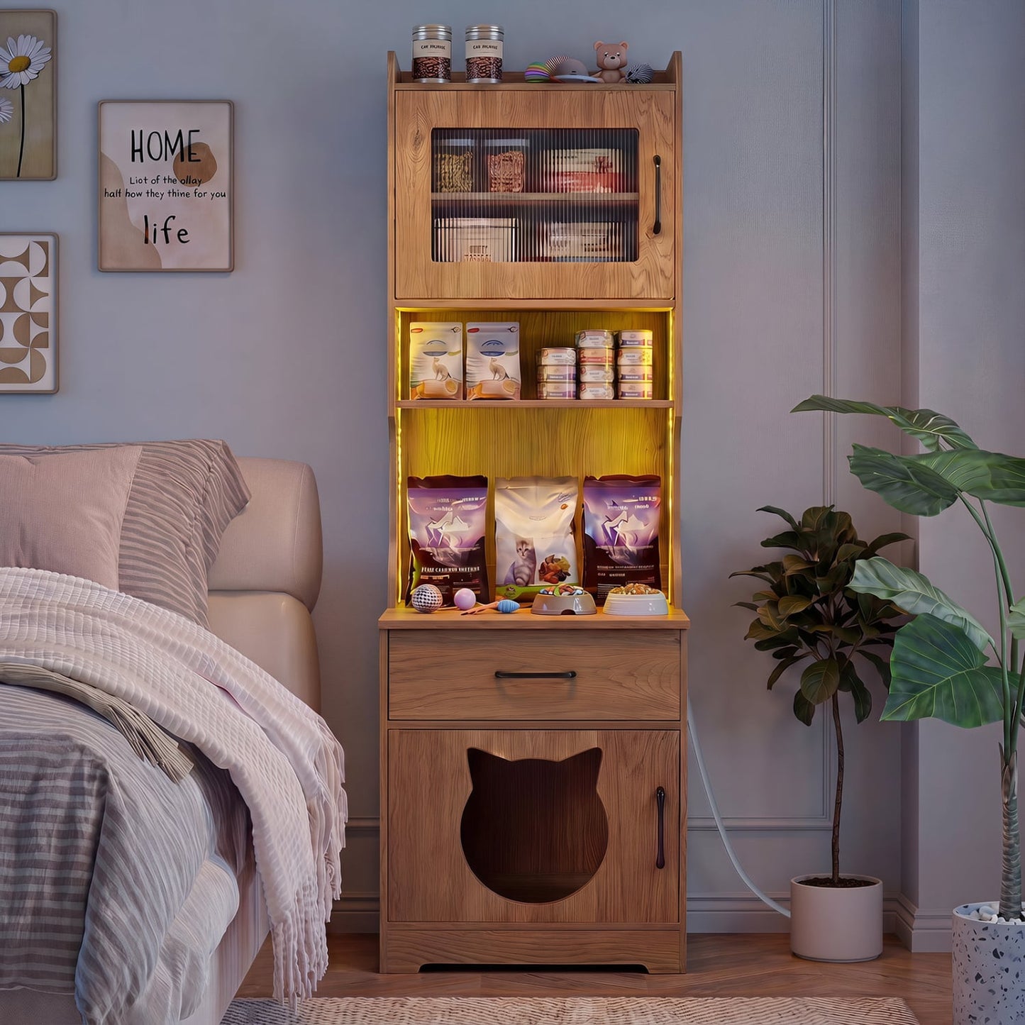 60" Cat Litter Box Enclosure with LED Light, Natural Cat Houses at Gallery Canada