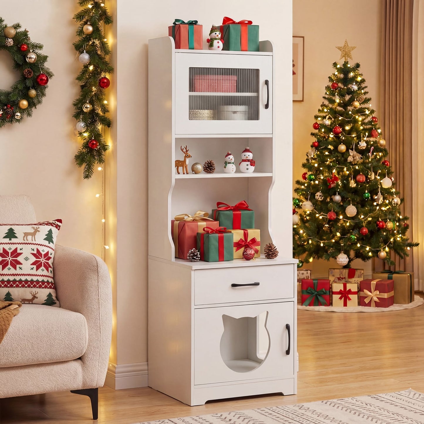 Cat Litter Box Enclosure, 60" with LED Light, White