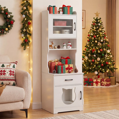 Cat Litter Box Enclosure, 60" with LED Light, White