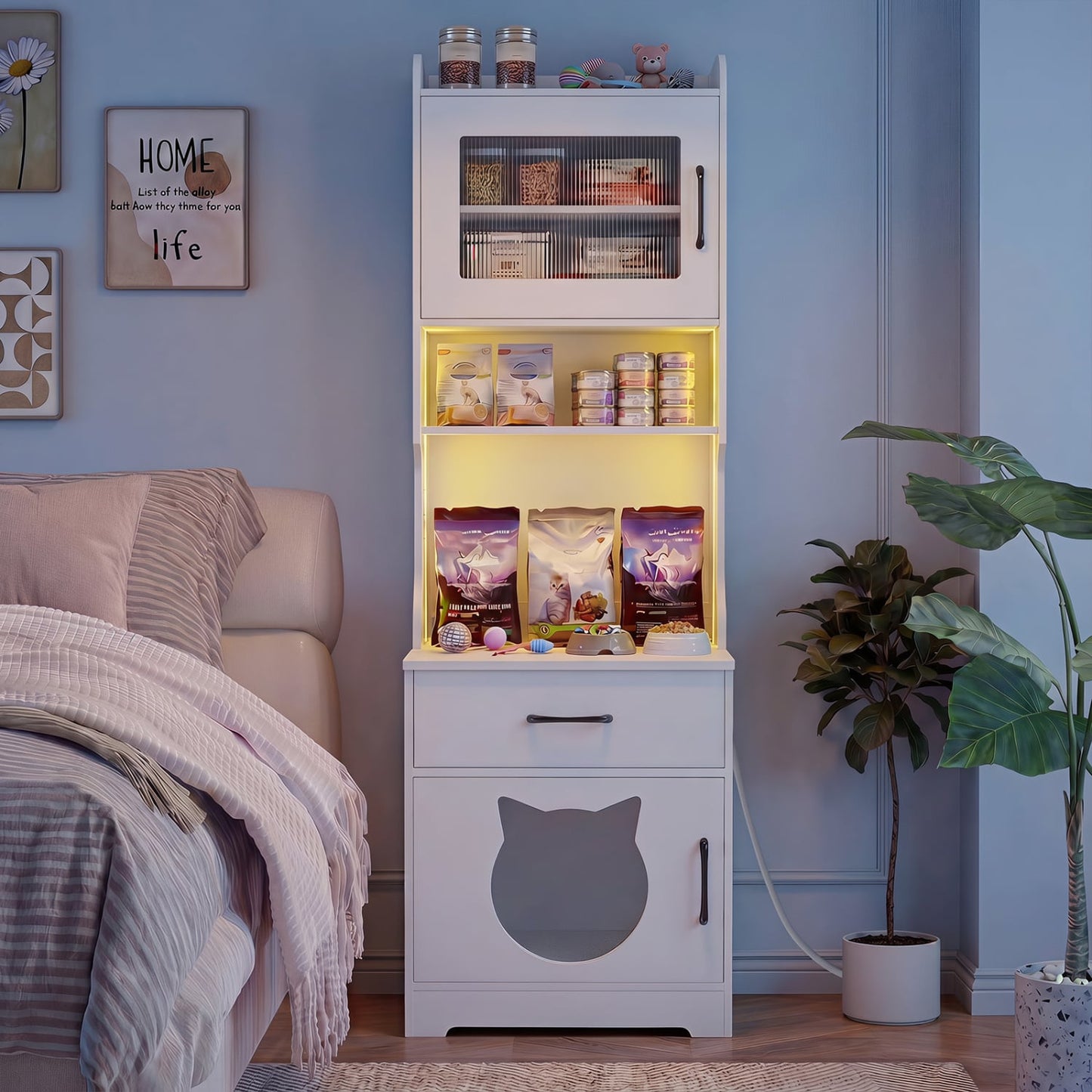 Cat Litter Box Enclosure, 60" with LED Light, White