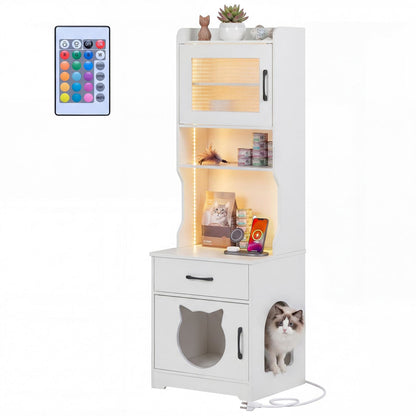 Cat Litter Box Enclosure, 60" with LED Light, White