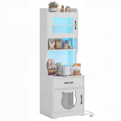 Cat Litter Box Enclosure, 60" with LED Light, White