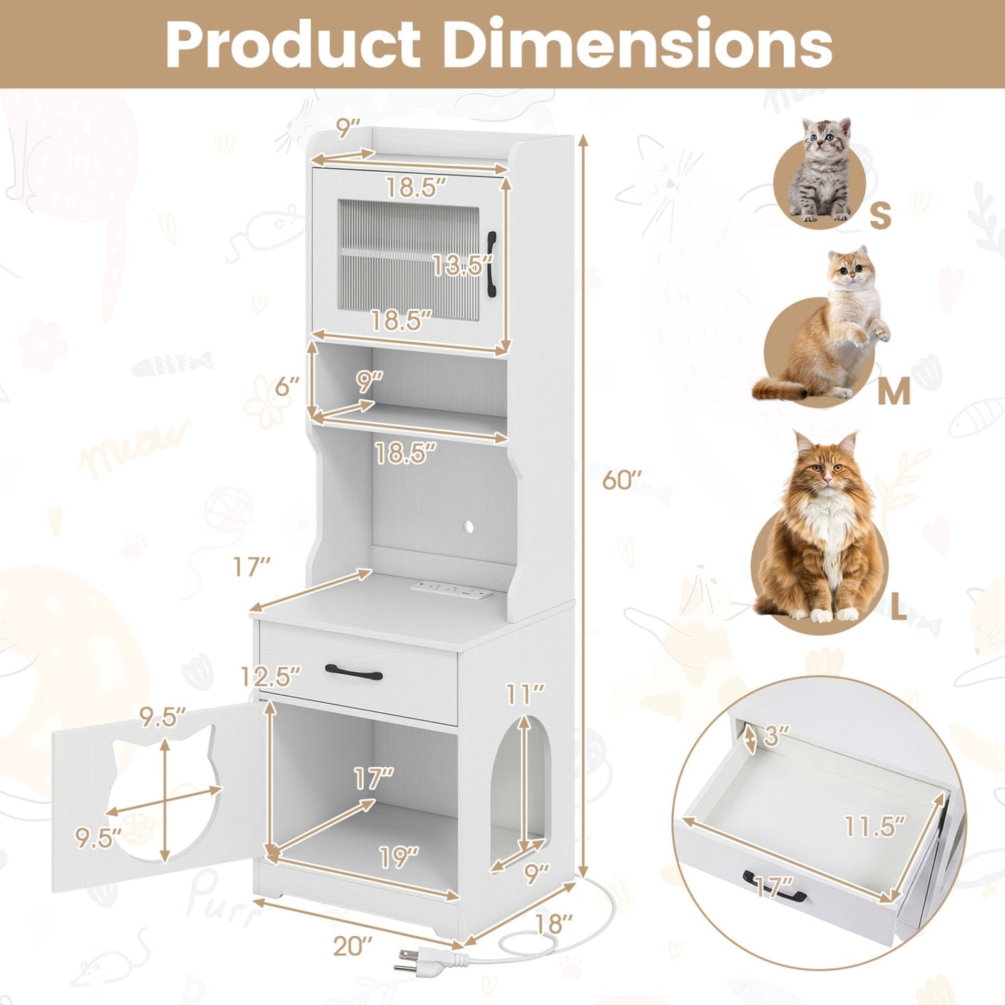 Cat Litter Box Enclosure, 60" with LED Light, White