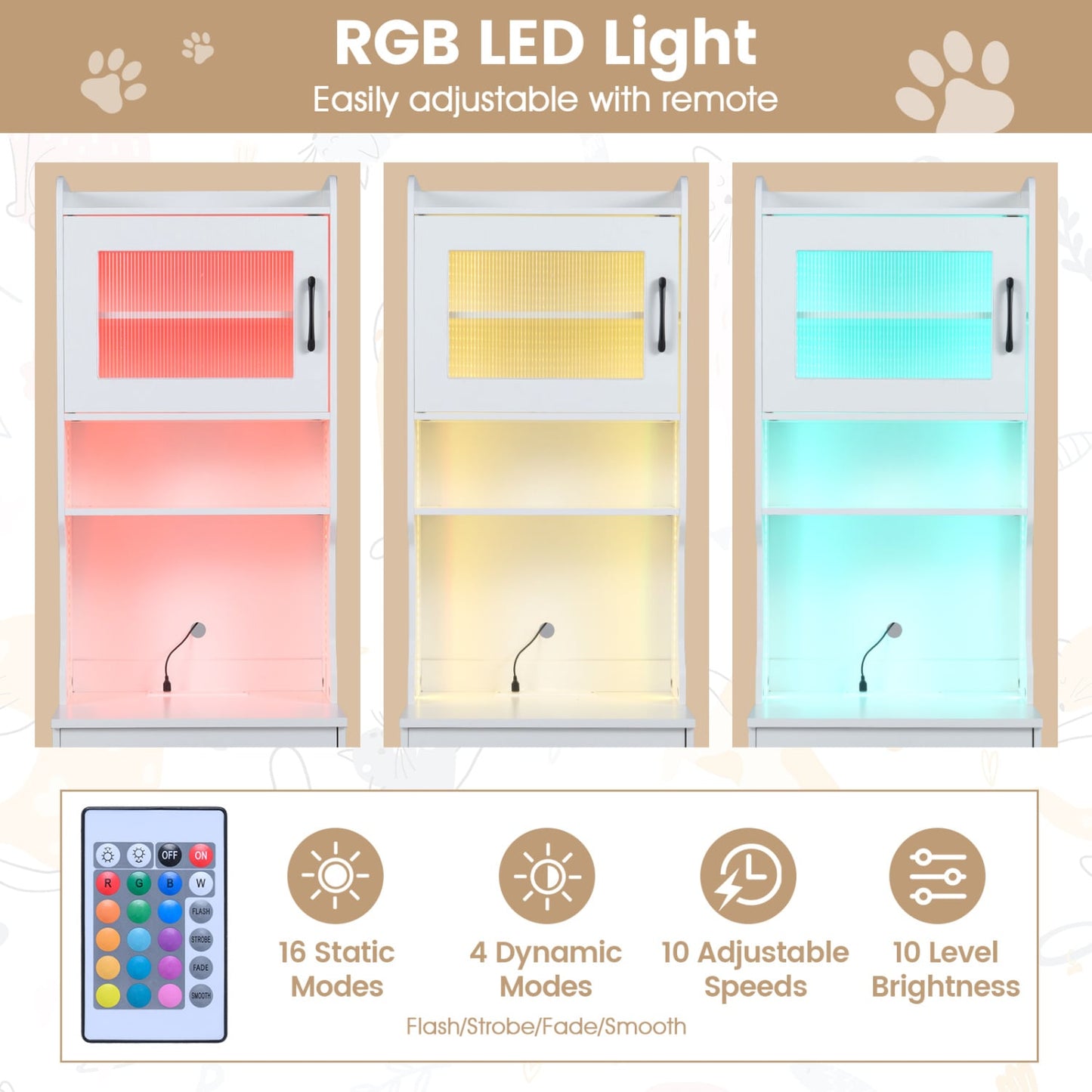 Cat Litter Box Enclosure, 60" with LED Light, White