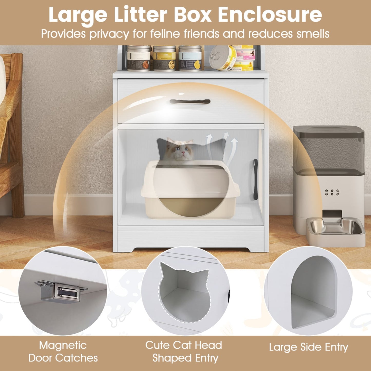 Cat Litter Box Enclosure, 60" with LED Light, White