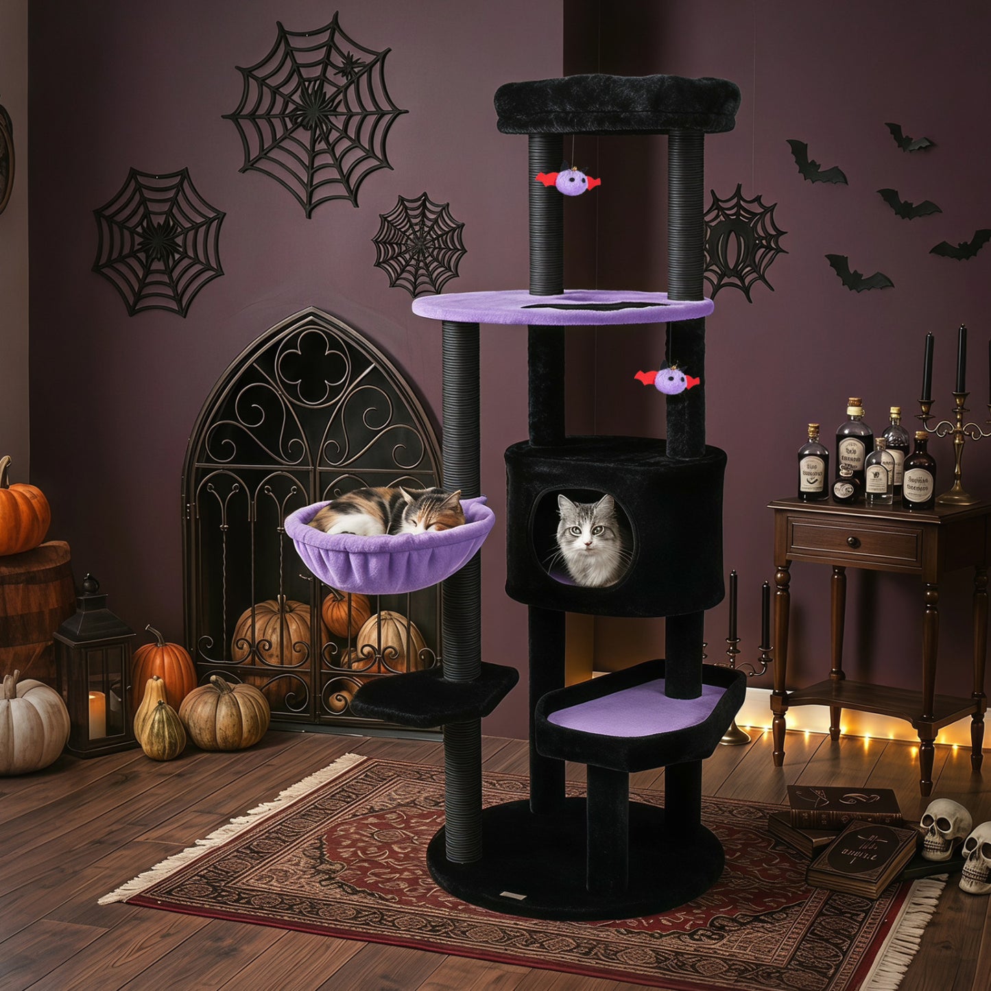 Tour à chat gothique de 60″, perchoir en peluche, jouets araignée, violet
