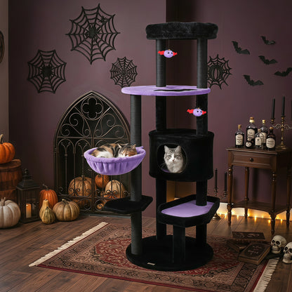 Tour à chat gothique de 60″, perchoir en peluche, jouets araignée, violet