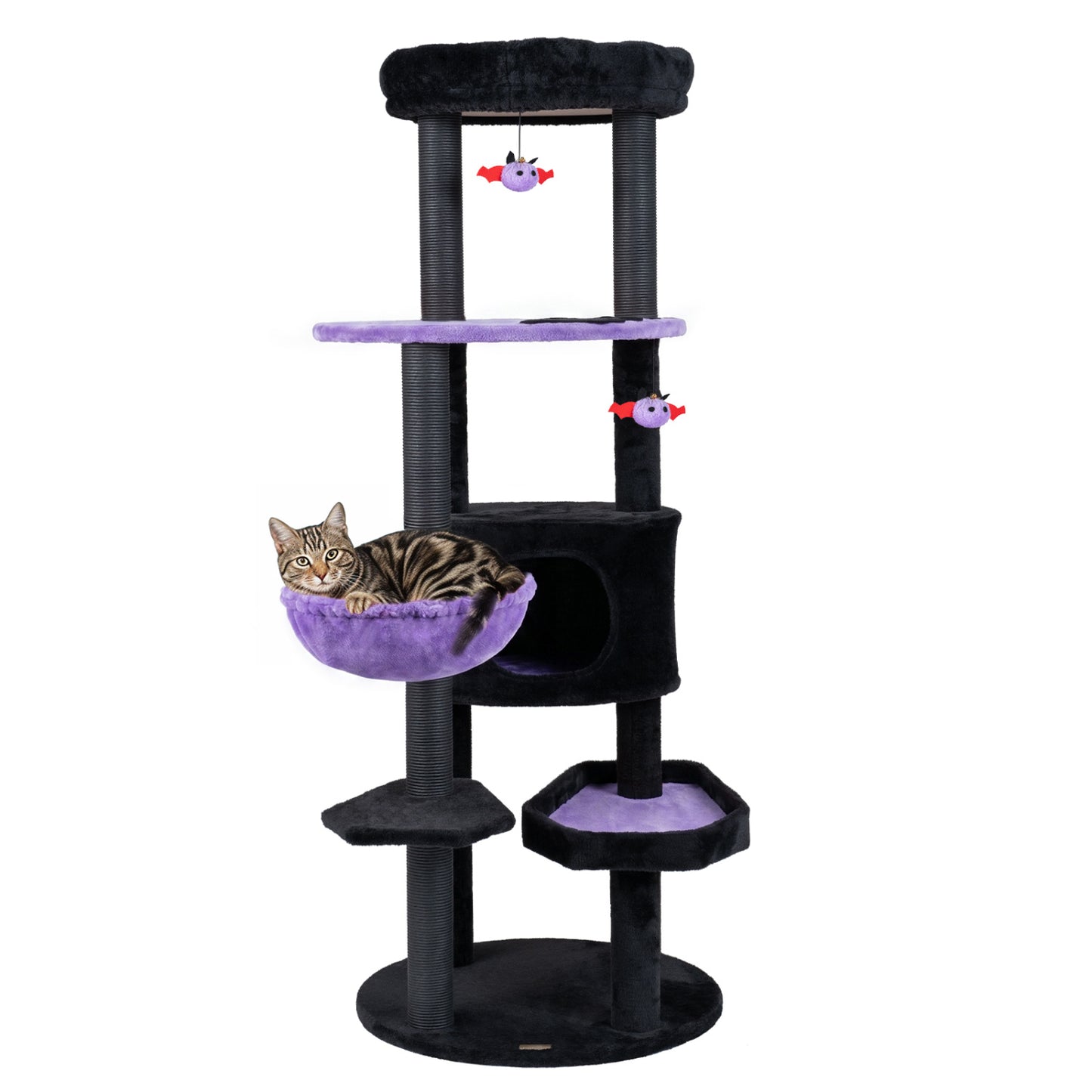 Tour à chat gothique de 60″, perchoir en peluche, jouets araignée, violet