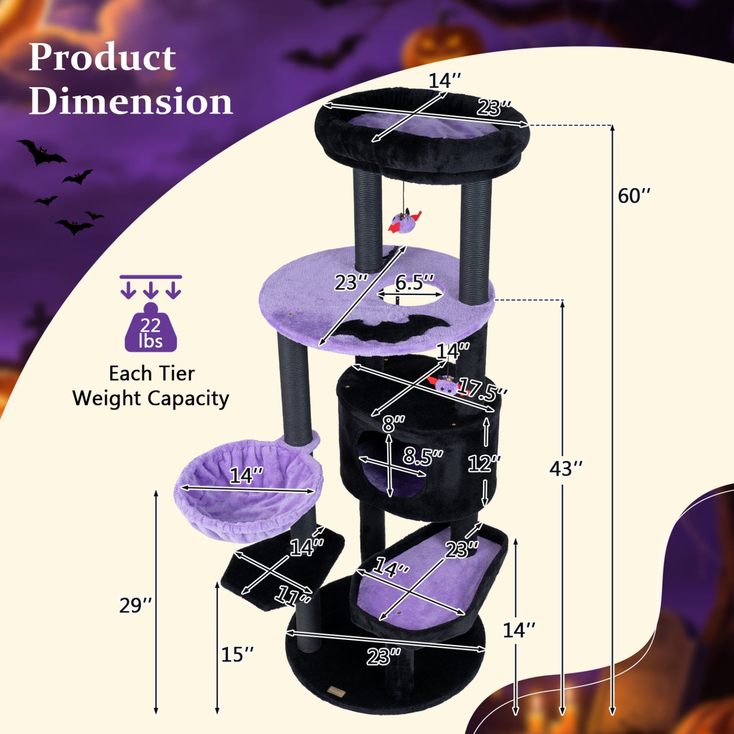Tour à chat gothique de 60″, perchoir en peluche, jouets araignée, violet